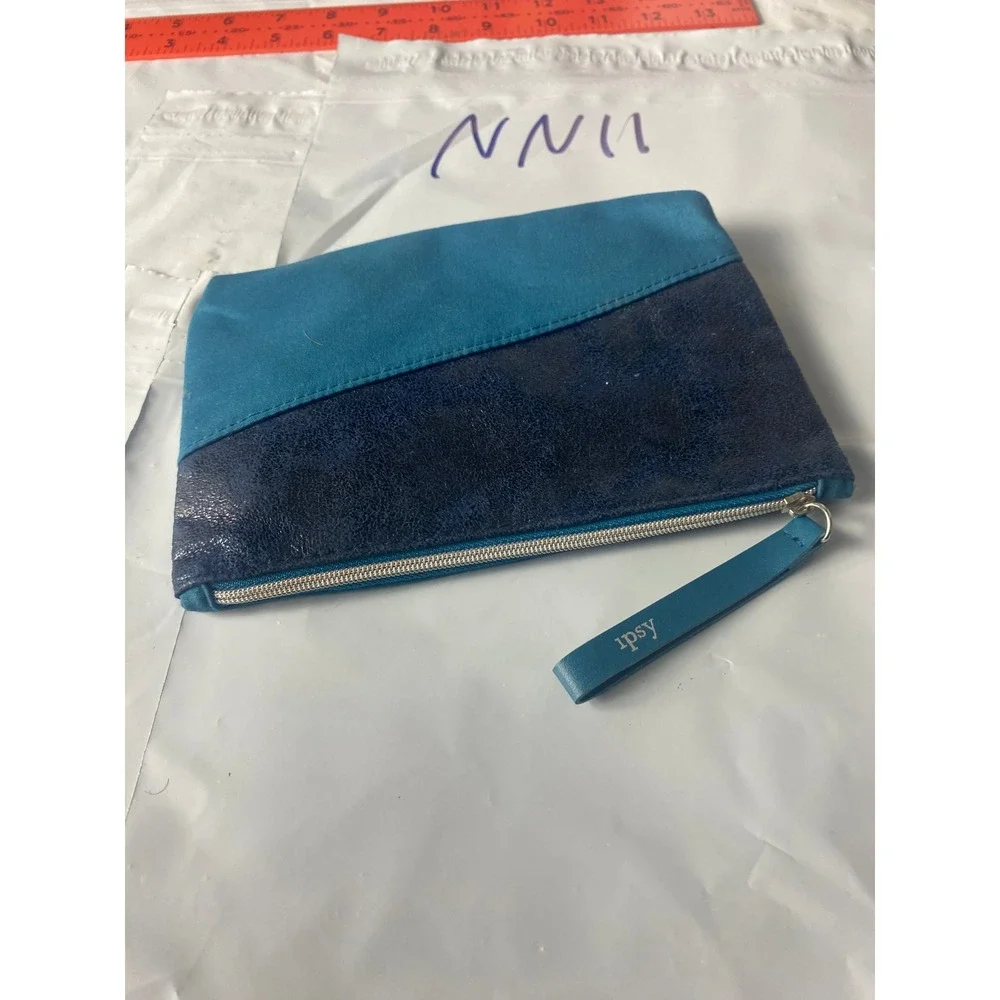 Blue Colorblock Suede Leather Zipper Pouch Cosmetic Makeup Travel Bag Case